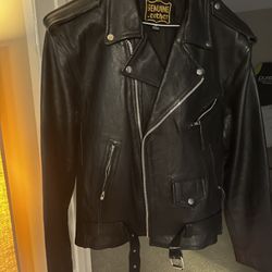 Real Leather Biker Jacket Heavy And Authentic Textured Black With Silver Zipping  