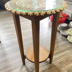 Beautiful Antique Solid Fumed Oak Side Table with Glass Top 