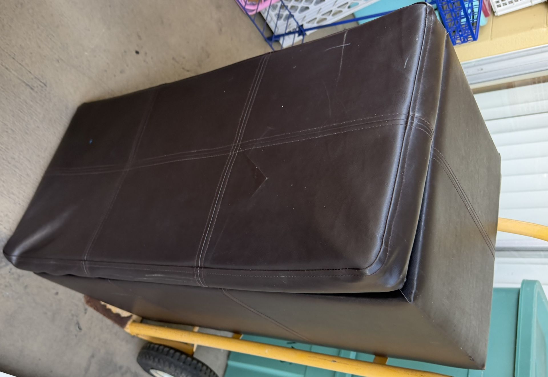 Large Faux Brown Leather Bench Opens Up To Storage