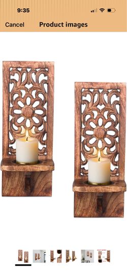 Floral Carved Wooden Wall Candle Sconces - Pack of 2, 16 Inch Handcrafted Rustic Wall Mounted Candle Sconces for Farmhouse, Vintage, Halloween & Festi