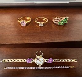 3 Gold Rings with Gemstones, butterfly ring, watch and bracelet