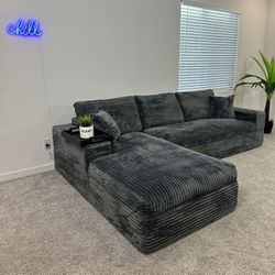 Modern Charcoal Grey Corduroy Sectional Sofa Couch
