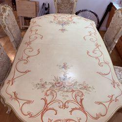 Antique Table W/leaf And 6 Chairs Hand Painted