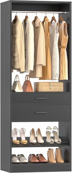 2221b $120 25" W x 80" H Closet Organizer Storage with Hanging Rod and 2 Wooden Drawer, Adjustable Angled Shoes Rack, Sturdy Garment Racks, Walk-in C