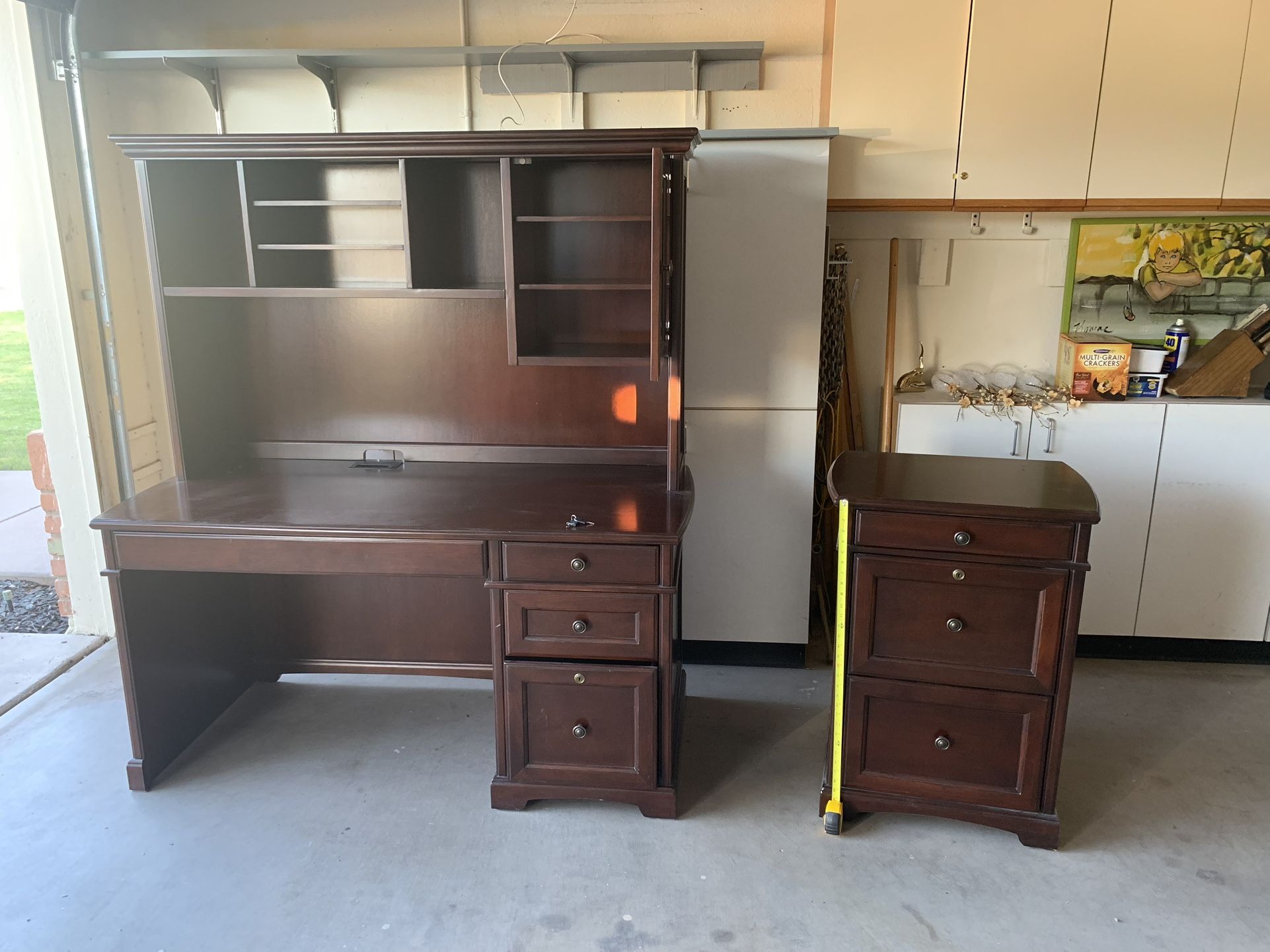 Cherry Wood Desk With Hutch And Matching File Cabinet