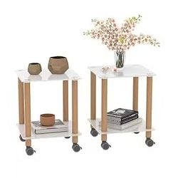 2-Piece White+Oak Side Table, 2-Tier Space End Table w/ Storage Shelve