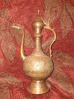 Vintage, hand-etched brass ewer or aftaba