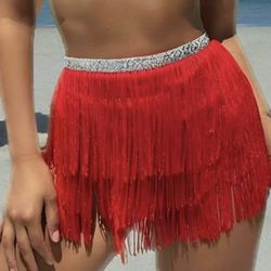 RED FRINGE Women Belly Dance Skirt Tassel Fringe Skirts Sparkly Sequin Hip Scarf 