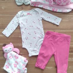 0-3MOS 2-PIECE OUTFIT LIGHT HEATHER GRAY FUSCHIA LADYBUG PRINT LONG-SLEEVE BODYSUIT W/ANKLE BOWED LEGGINGS 