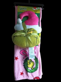The Grinch Plush Throw & Pillow Set 50x70in - Pink Hat