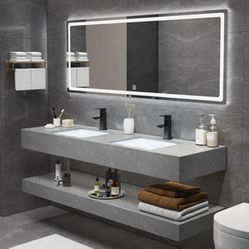 60" Floating Bathroom Vanity Set Double Sink White/Black/Gray (W/ Faucet, LED Mirror) 