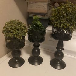 Metal Candle Holders   Set  Of Three With Greenery 
