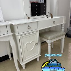 New Small White Wood Vanity With Mirror Inside & 2 Storage Drawers 