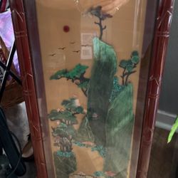 Set Of Three Oriental Frame And Glass Pictures Each Are 12”x28”