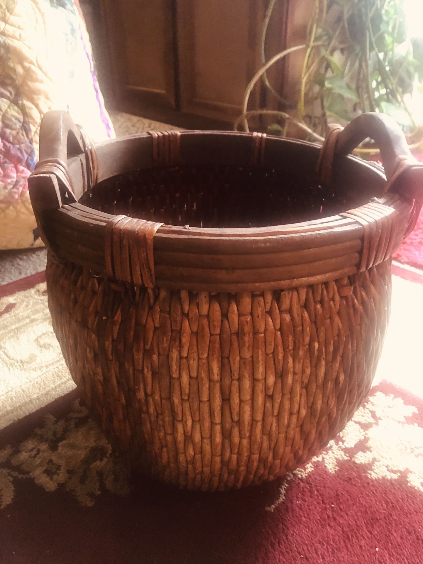 Antique Handwoven Willow And Bamboo Basket