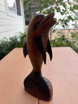 Hand-Carved Wooden Dolphin Figurine - Coastal Home Decor (11.75”)