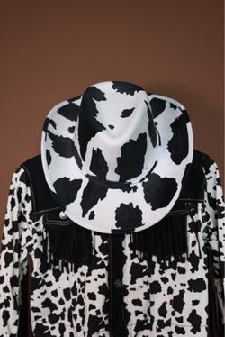 Cow Print Cowboy Hat and Fringe Jacket Set