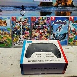 NINTENDO SWITCH GAMES BUNDLE USED WITH A NEW T-23 CONTROLLER UNOPENED

