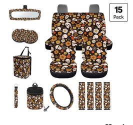 Gothic Skull Floral Print 15Pcs Car Seat Cover Full Set Car Steering Wheel Cover Seat Belt Cover Trash Bin Air Vent Storage Box Front Rear View Mirror