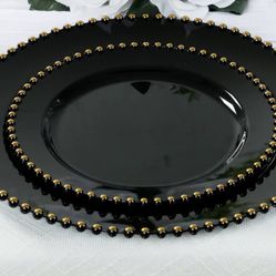 10 Pack Plastic Dessert Appetizer Plates in Black with Gold Beaded Rim, Disposable Round Salad Party Plates 8"