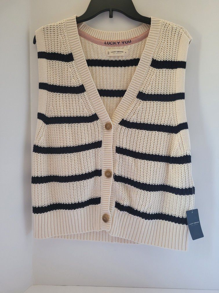 Lucky Brand "Lucky You"  Womens Size XL White/Navy Blue Sweater Vest 