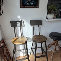Two Metal And Wood Industrial Bar Stools 