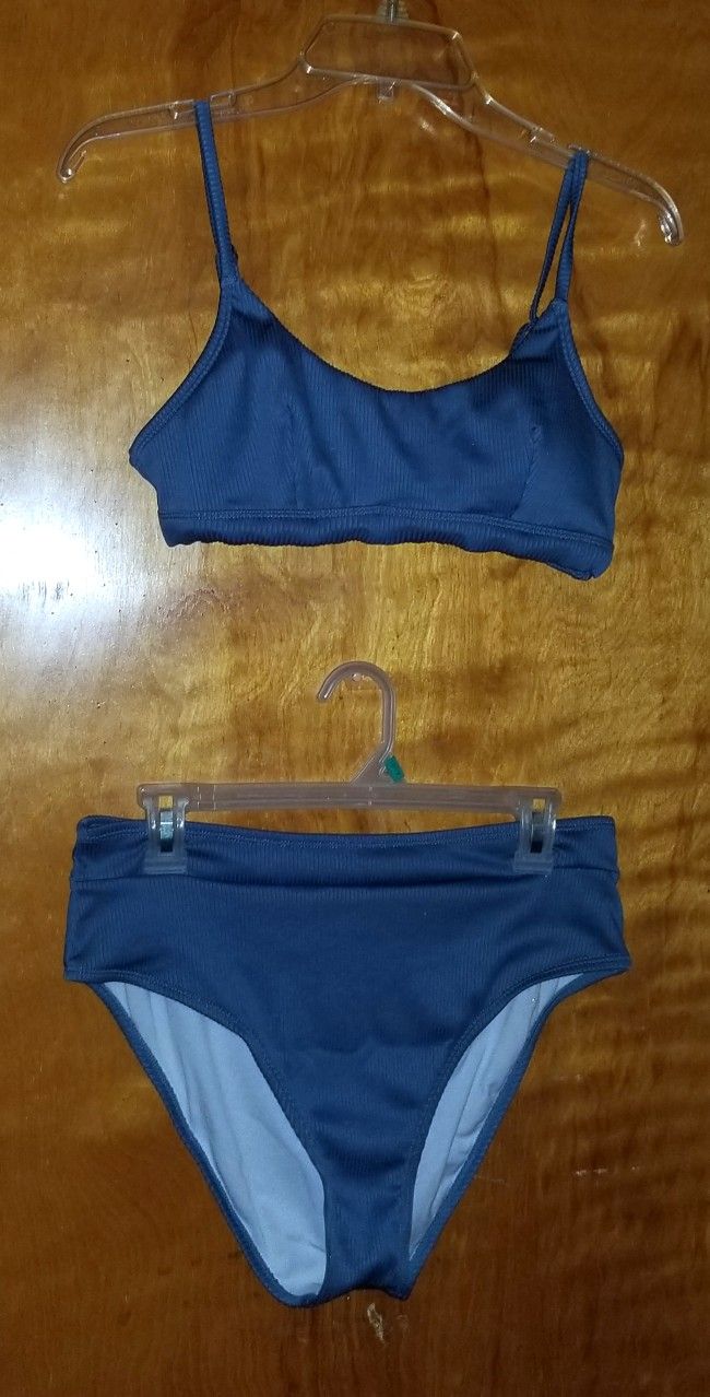 NWT Women's Blue Two Piece Spaghetti Strap Set Push Up Bikini Top & Mid Rise Bottom Large 