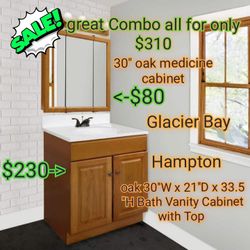 Glacier Bay
Hampton 30 in. W x 21 in. D x 33.5 in. H Bath Vanity Cabinet with Cultured Stone Top +Medicine Cabinet in Oak