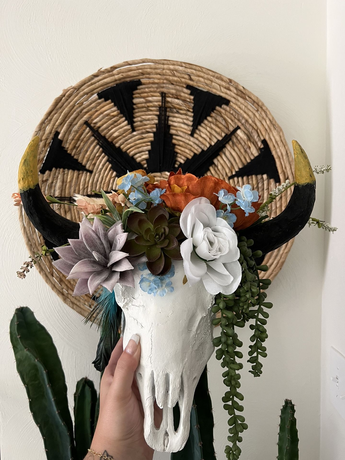 Hanging Cow Skull With Flowers