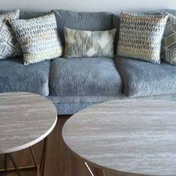 Blue Couch Three Coffee Tables