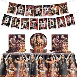 Wrestling Birthday Supplies, 42Pcs Wrestling Decorations include Banner, Tablecloth, Plates and Napkins