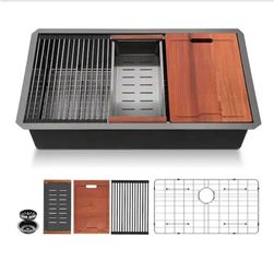 LORDEAR
28 in. Gunmetal Black Single Bowl Undermount Workstation Kitchen Sink 16-Gauge Stainless