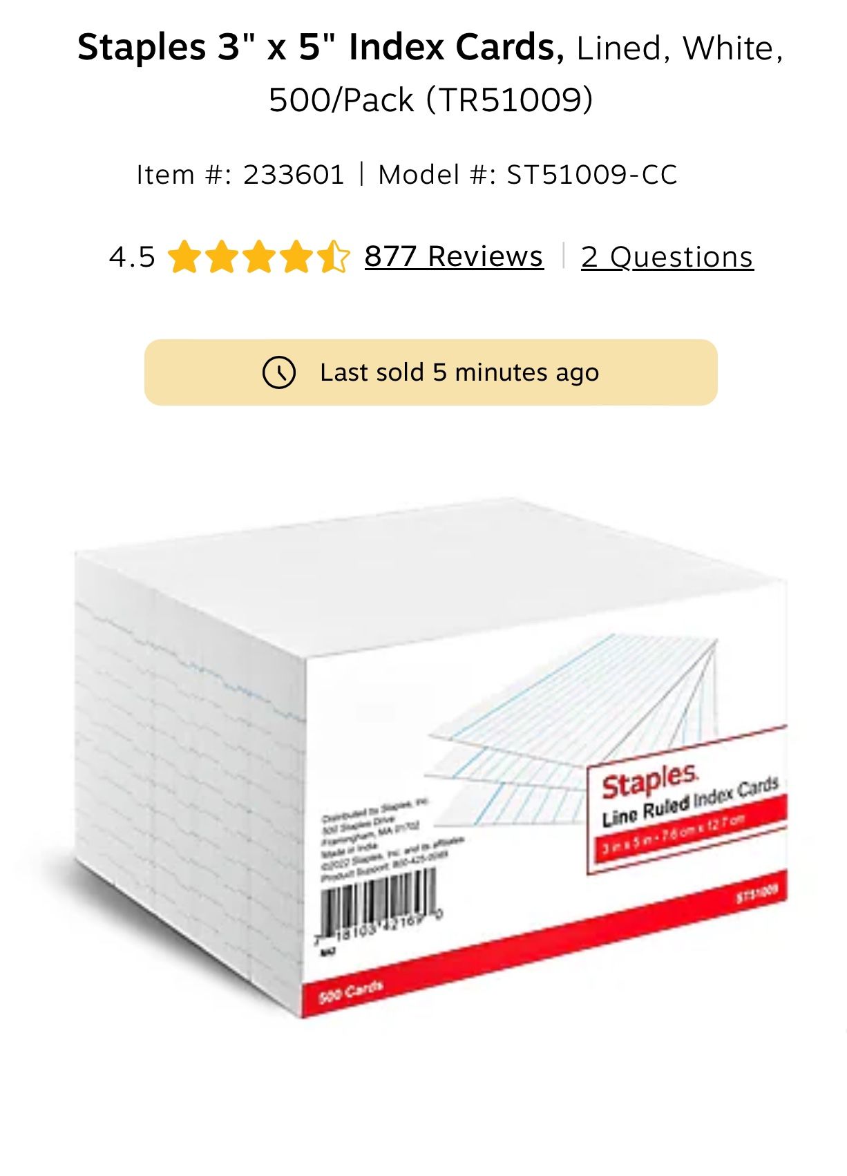 1500 x Staples 3" x 5" Index Cards, Lined, White, One 500/pack and 10x 100/pack!
