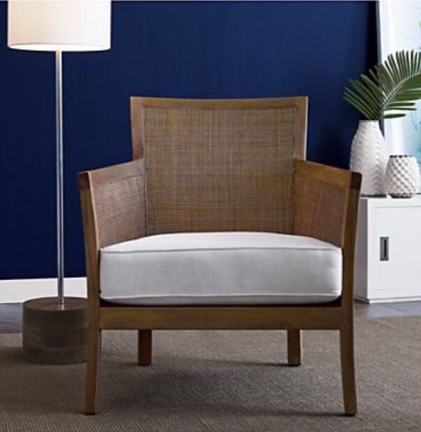 Crate and Barrel Blake Grey Wash Rattan Chair with Fabric Cushion