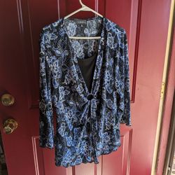 Women's Blue And Black Floral Top With Bell Sleeve 