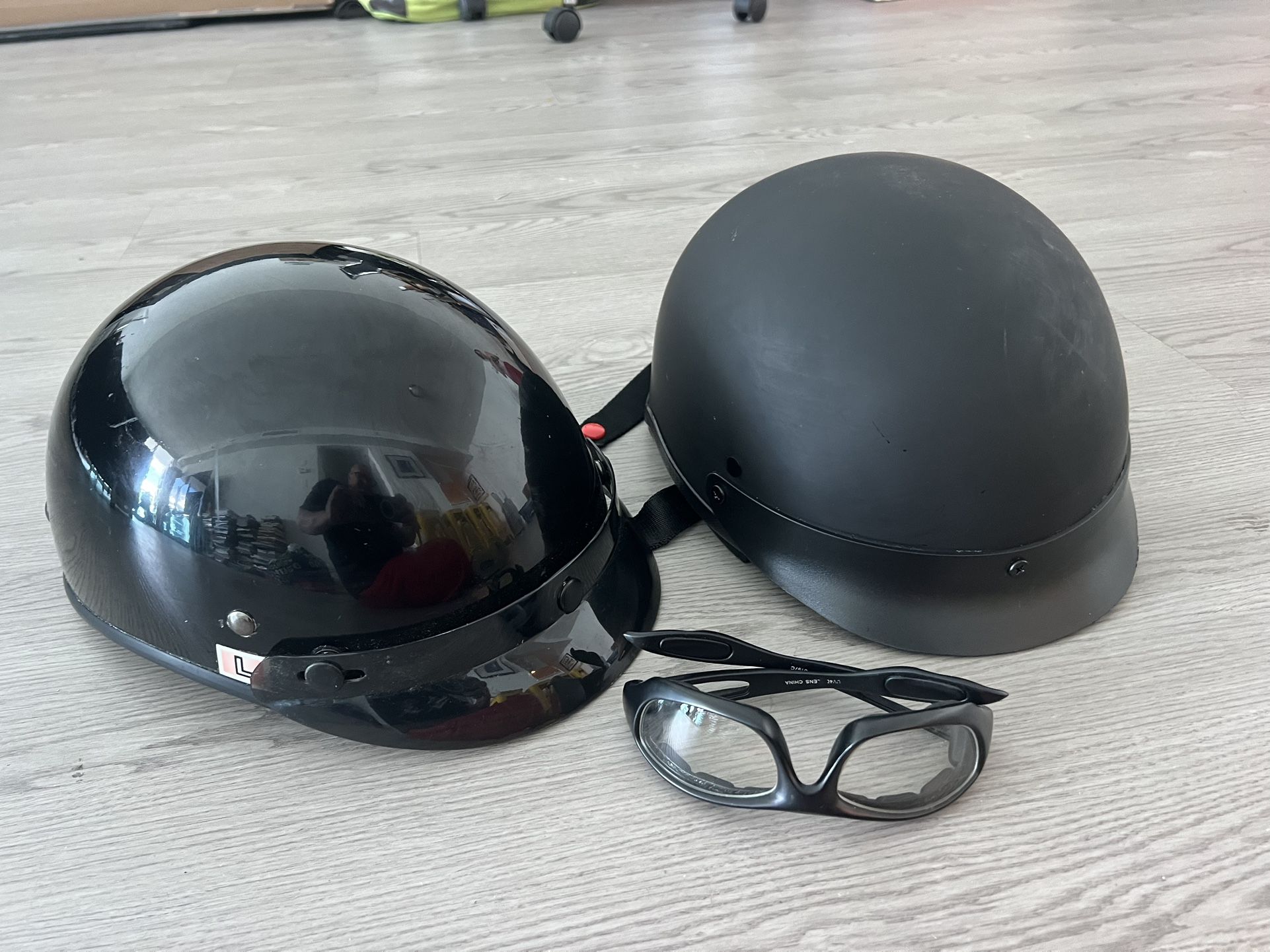 Two Large Motorcycle Helmets โ Great Condition | Barely Used | DOT Certified and A Pair Of glasses.