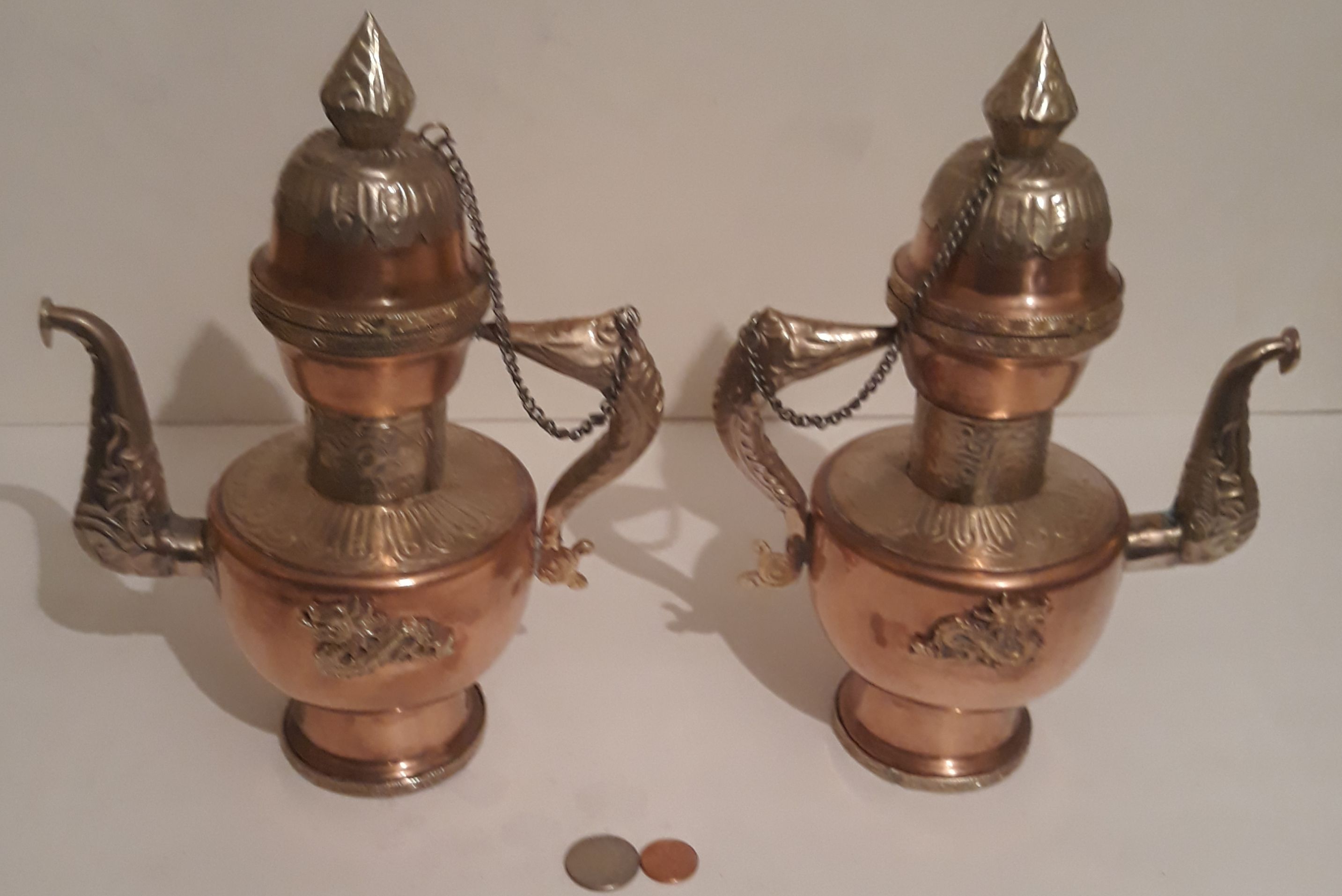 Vintage Set of 2 Metal Copper, Brass and Silver Tea Pots Set, 10" Tall, Dragons, Kitchen Decor, Table Decor, Shelf Display