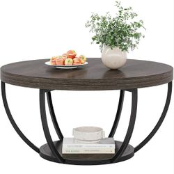 Round Coffee Table, 31.7" Wooden 2-Tier Circle Coffee Table with Storage Shelves, Modern Accent Cocktail Table Center Table for Living Room, Grey