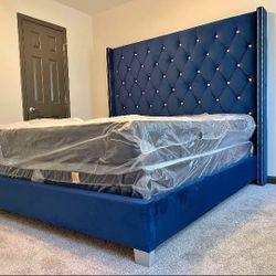 ✨ Blue Rhinestone Tufted Upholstered Tall King And Queen Size Bed Frame - Mattress + Box Spring | Pay When It's Delivered 