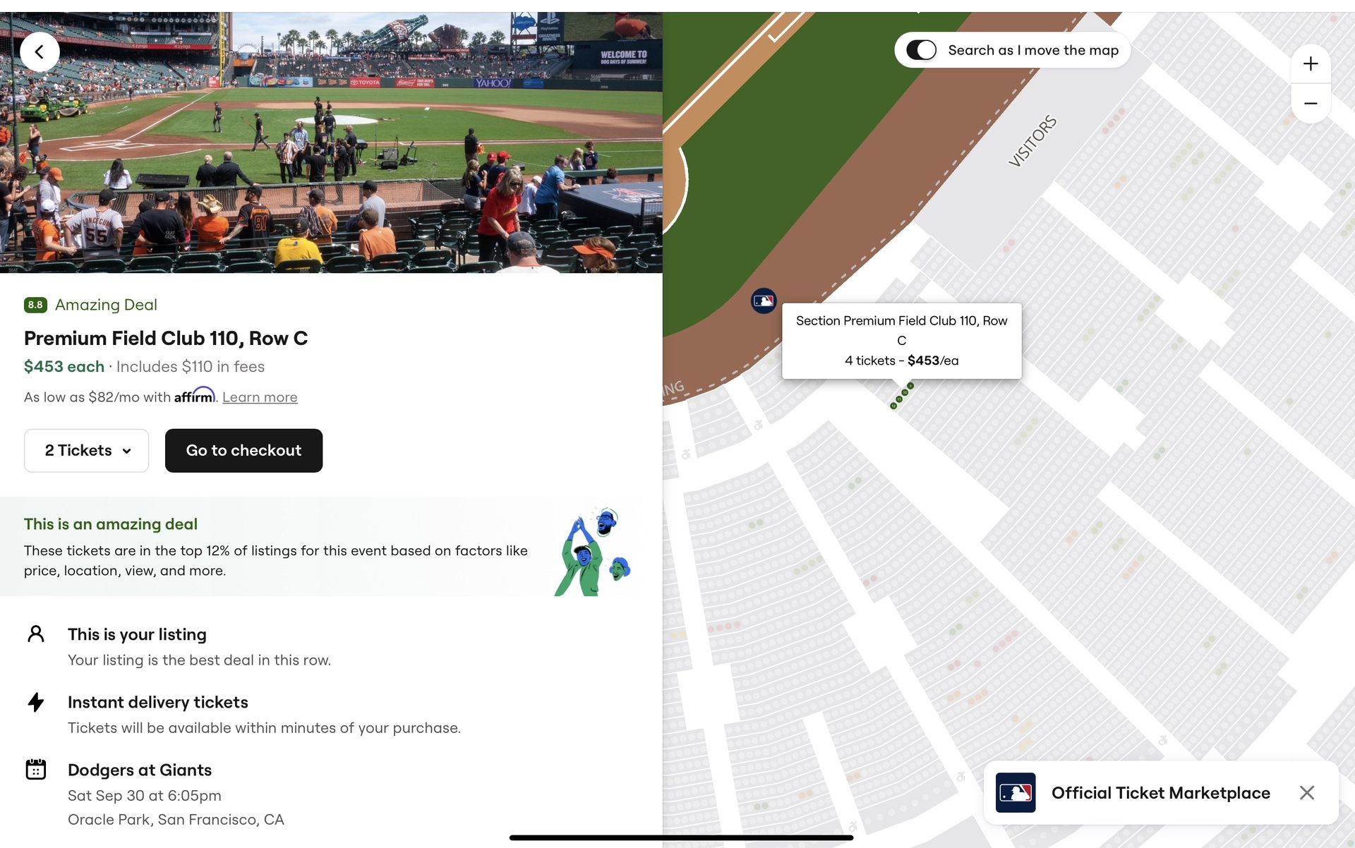2 Tickets For Saturday 9/30 Dodgers Giants Game. Premium Field Club Section 110 Row C Aisle