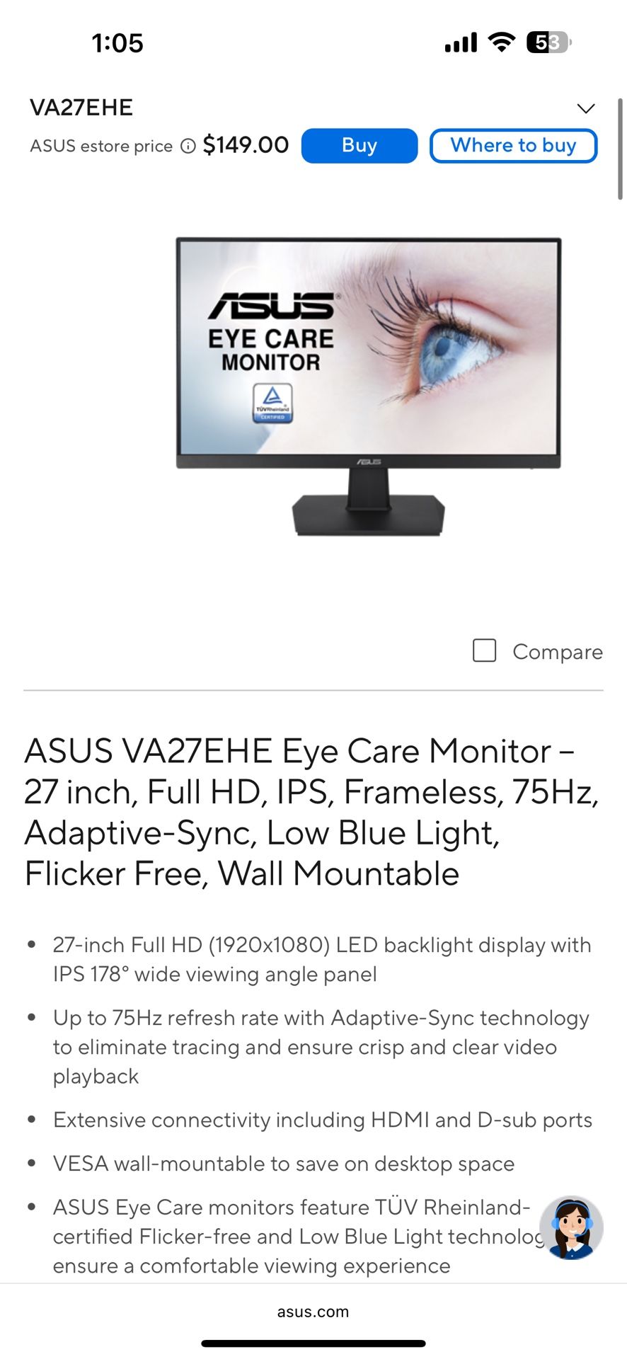 ASUS 27 inch monitor - 1080p, 75Hz