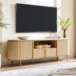 Luxury 70" Fluted TV Stand, Modern Chic Entertainment Center for TVs Up to 80 inches, TV Console with Faux Marble Top, Curved Profile Design, Media Co