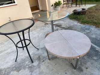 3 beautiful glass kitchen table, beige brown coffee table, and outside lounge table bundle good deal moving out sals