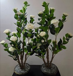 PAIR of 38" Faux White Camellias Trees in Moss Agate Stone/Epoxy (2 for $90) @ Lasting Creations