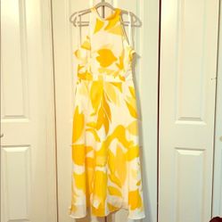 TAHARI ASL Yellow/White Tie Neck Midi Dress Size 10