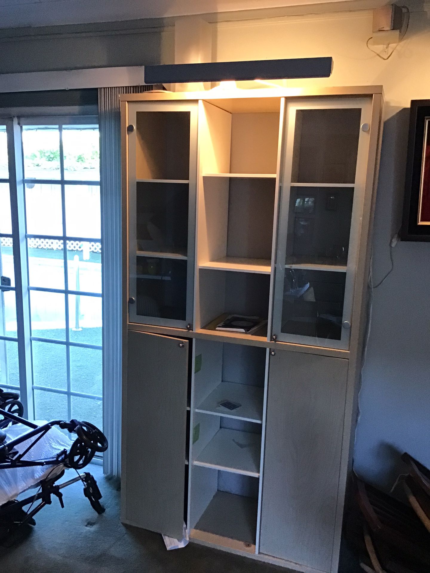 MEDIA/BOOK STORAGE CASE, w/GLASS-DOOR, DISPLAY SHELVES + ATTACHED DISPLAY LIGHT - MAKE AN OFFER