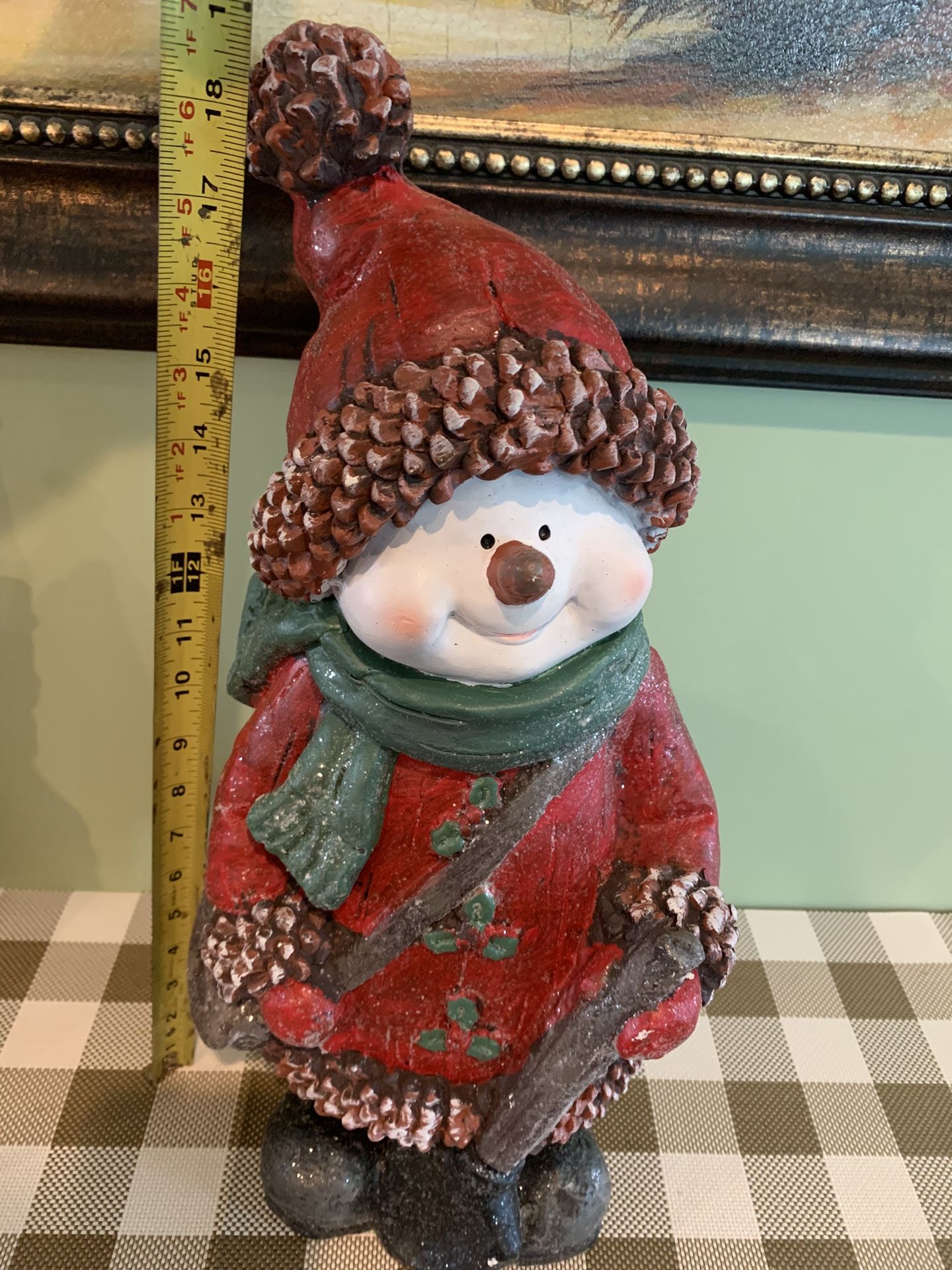 New Heavy Cast Material Christmas Snowman Decoration W/ Detailed Face & Clothing, Has Shovel In Hand