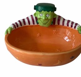 Halloween Goblin Monster Frankenstein Candy Ceramic Dish Decor Bowl Orange Green