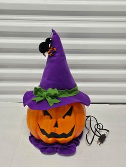 Light Up Plastic Halloween Pumpkin Jack-o Lantern Blow Mold w/ Witch Hat