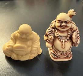 Vintage Faux Ivory Laughing Buddha Mini Figurines - Set of 2 Resin Buddhas